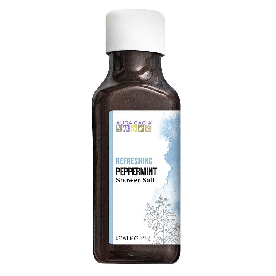 051381902278 aura cacia 16oz shower salt peppermint l190227 front 1.jpeg