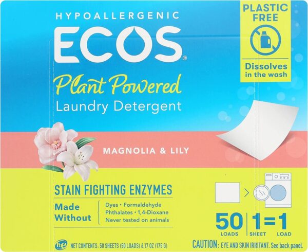 ecos next liquidless laundry detergent, magnolia & lily 50 squares