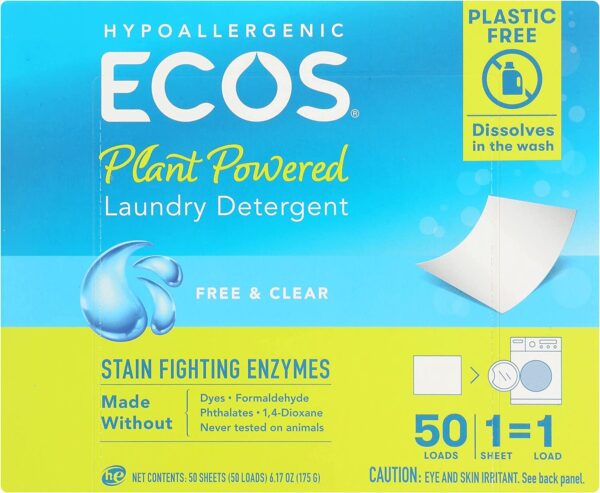 ecos next liquidless laundry detergent, free & clear 50 squares