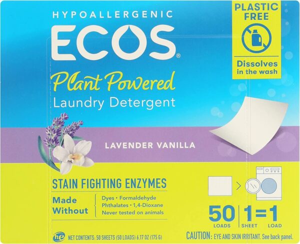 ecos next liquidless laundry detergent, lavender vanilla 50 squares