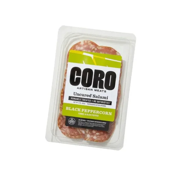 coro foods uncured salami pre sliced black peppercorn 3oz 239589 front.webp