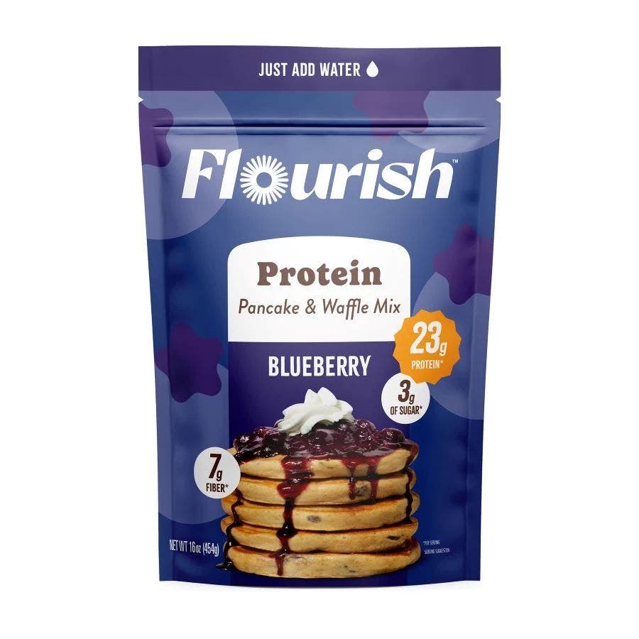 flourish blueberry protein pancake mix 16oz front 240235 1.jpg
