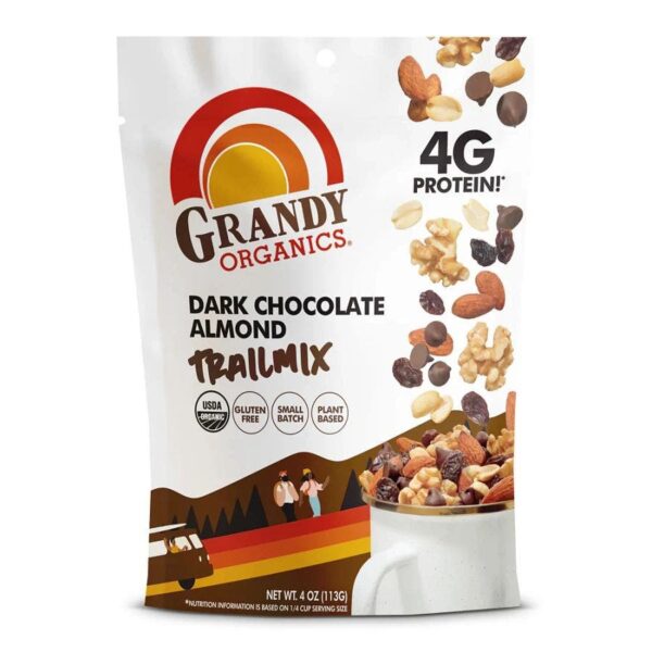 grandy organics dark chocolate almond trail mix 4oz front 239376.jpg