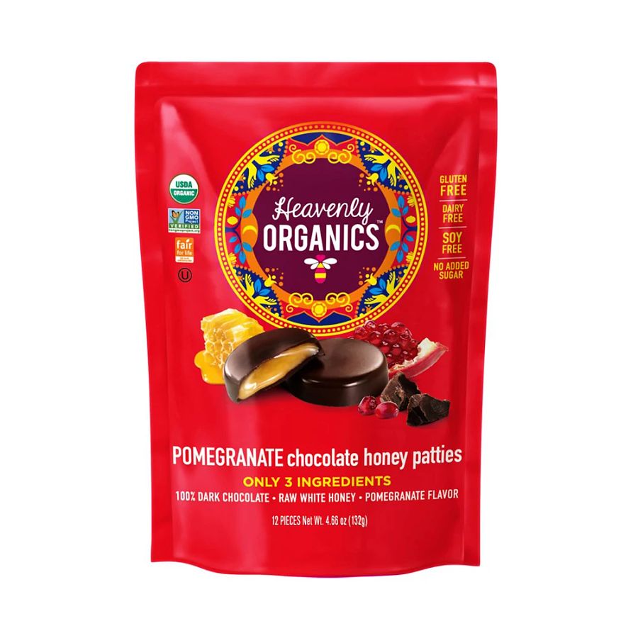 heavenly organic honey pattie chocolate pomegranate 12pk bag front 241023 1.jpg