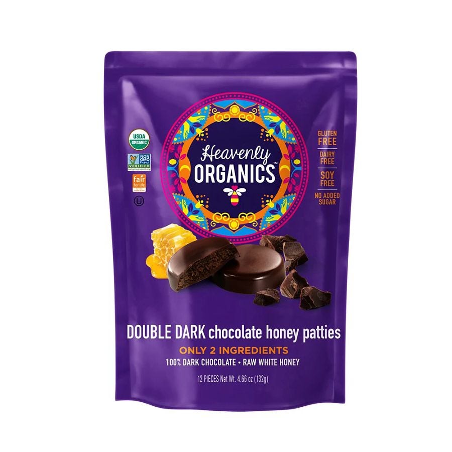 heavenly organic honey pattie double dark chocolate 12pk bag front 241024 1.jpg
