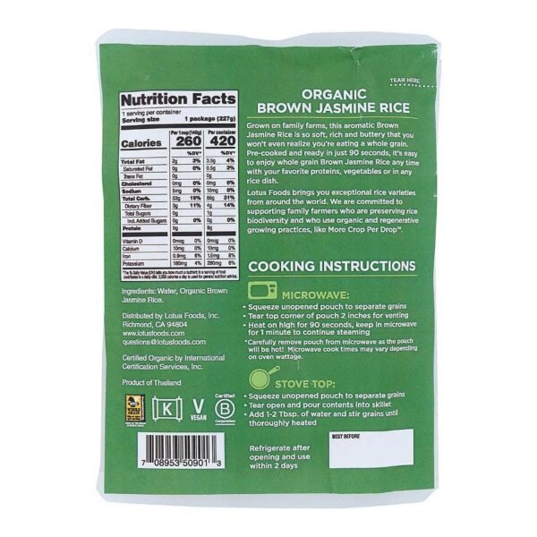 lotus foods organic brown jasmine heat & eat rice pouch 8 oz.