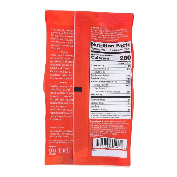 lotus foods millet & brown rice ramen with red miso soup 2.8 oz.