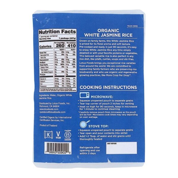 lotus foods organic white jasmine heat & eat rice pouch 8 oz.