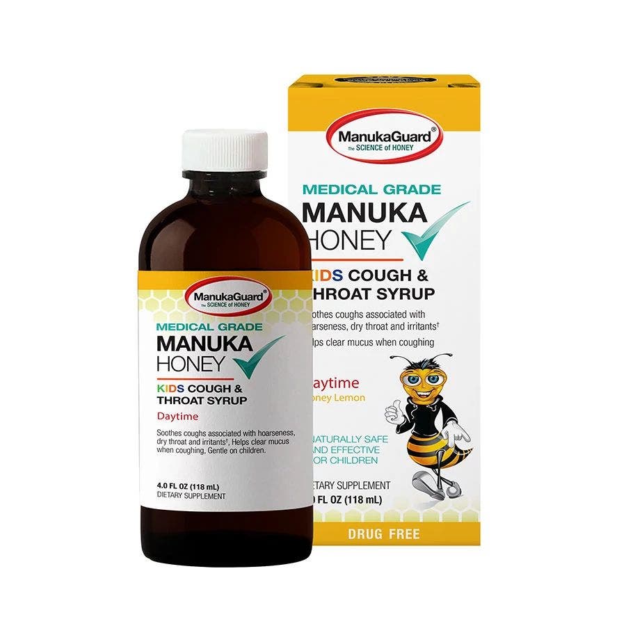 manukaguard kids daytime cough throat syrup 4floz honey lemon front box bottle 239908 1.jpg