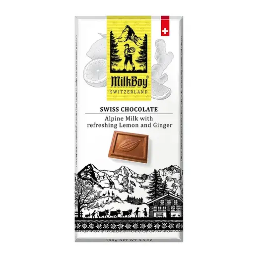 milkboy alpine milk chocolate lemon ginger 3.5oz bar front 239626.webp