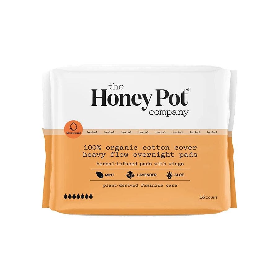 the honey pot organic non herbal menstural pads heavy flow overnight with wings 16count front 240381.jpg
