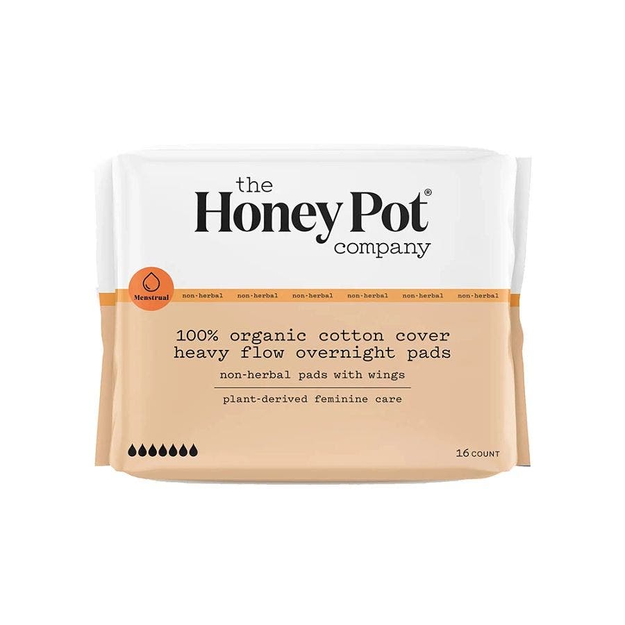the honey pot organic non herbal menstural pads heavy flow overnight with wings 16count front 240384.jpg