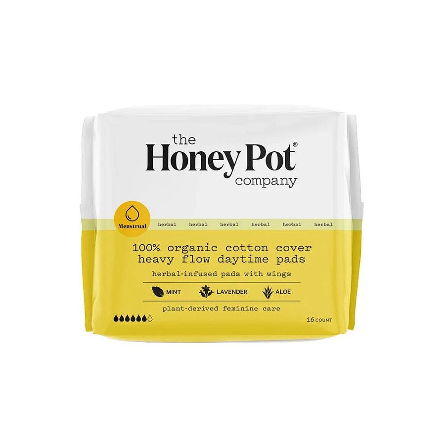 the honey pot organic non herbal menstural pads heavy flow with wings 16count front 240380 1.jpg