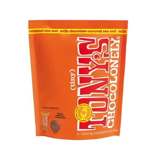 tonys chocolonely tiny tonys milk chocolate caramel sea salt 4.4oz pouch 239843 front.webp