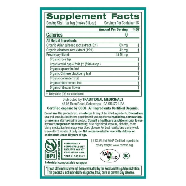 traditional medicinals organic ginseng wild apple mint stress ease focus tea 16 count