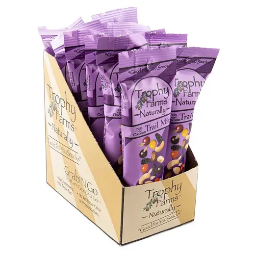 trophy farms nuts n chocolate snack mix 12 pack front display 228341