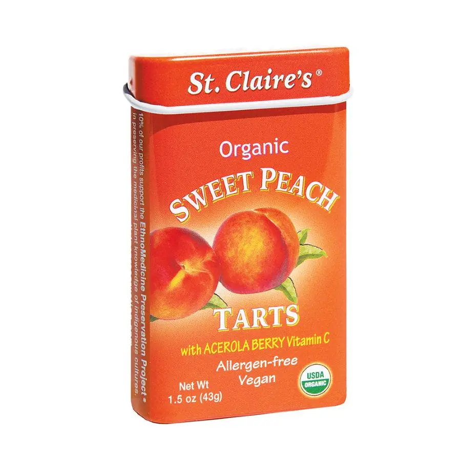 st claires organics sweet peach fruit tarts 1.5oz tin front 240596.webp