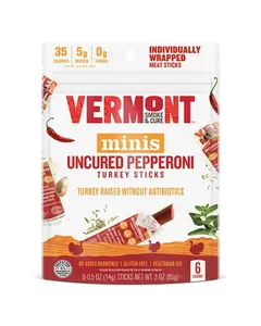 vermont smoke and cure 6 0 5 oz mini sticks per resealable bag uncured pepperoni turkey 231337 front