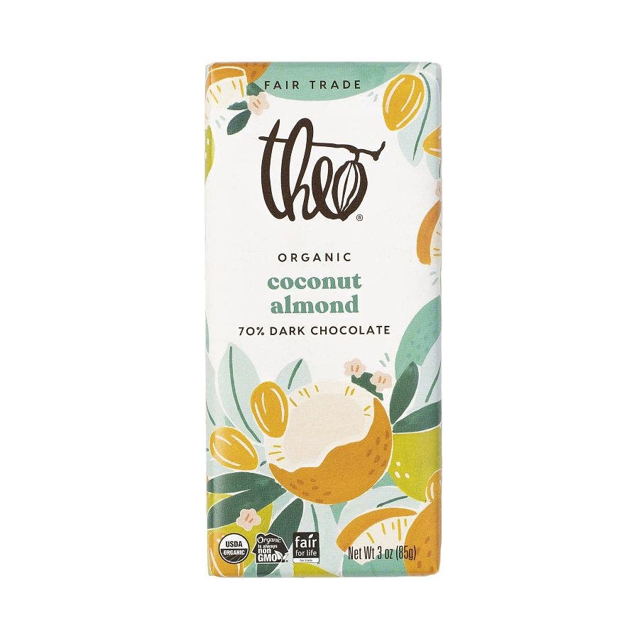 Theo Chocolate Spring Coconut Almond Dark Chocolate Bar 3 oz.
