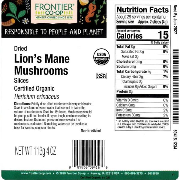 Frontier Co-op Lion's Mane Mushrooms, Dried Slices, Organic 1/4 lb. - Image 2