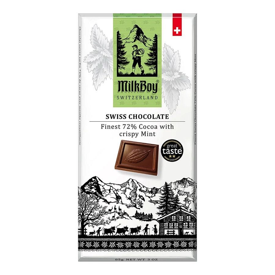 Milkboy Finest Swiss 72% Dark Chocolates with Crispy Mint 3 oz. bar