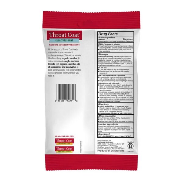 Traditional Medicinals Organic Throat Coat Eucalyptus Mint Lozenges 16 count - Image 2