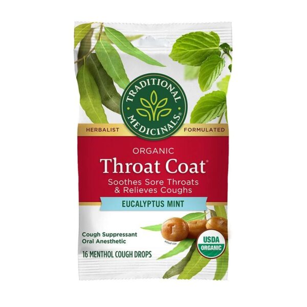 Traditional Medicinals Organic Throat Coat Eucalyptus Mint Lozenges 16 count
