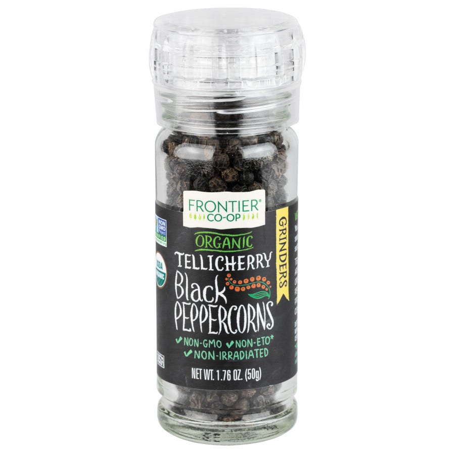 Frontier Co-op Organic Tellicherry Black Peppercorns with Grinder 1.76 oz.