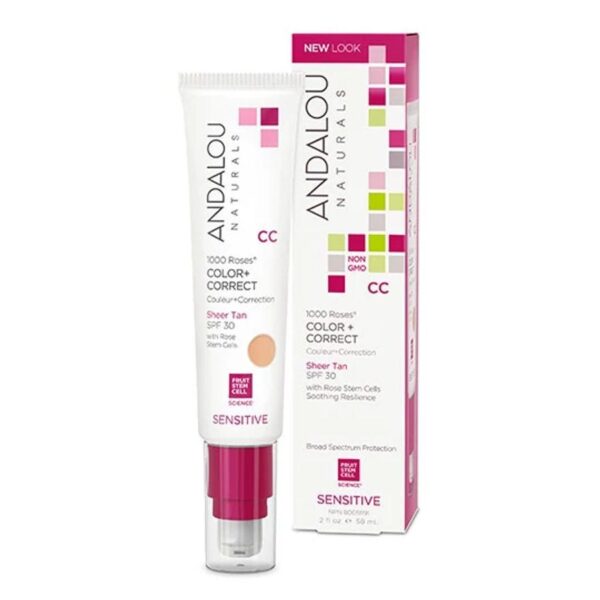Andalou Naturals 1000 Roses CC Color + Correct Sheer Tan with SPF 30 Sensitive, 2 oz