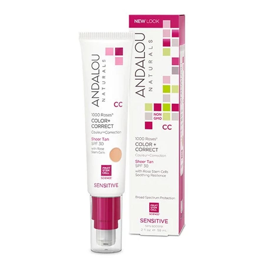 Andalou Naturals 1000 Roses CC Color + Correct Sheer Tan with SPF 30 Sensitive, 2 oz
