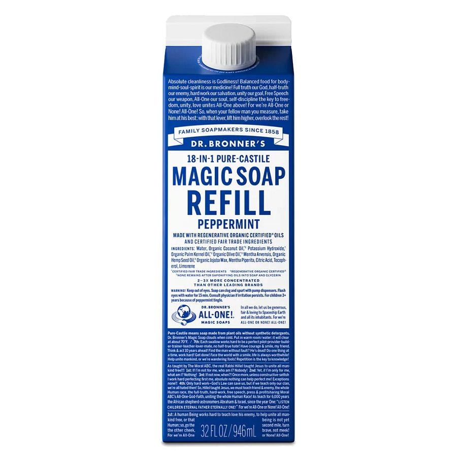 Dr. Bronner's Peppermint Soap Refill Carton 32 fl. oz.