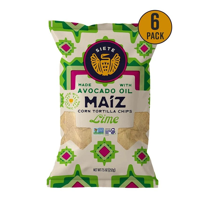 Siete Lime White Yellow Corn Avocado Oil Mazi Corn Tortilla Chips 6 (7.5 oz.) bags