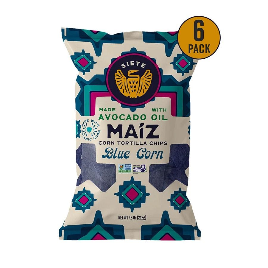 Siete Sea Salt Blue Corn Avocado Oil Mazi Corn Tortilla Chips 6 (7.5 oz.) bags