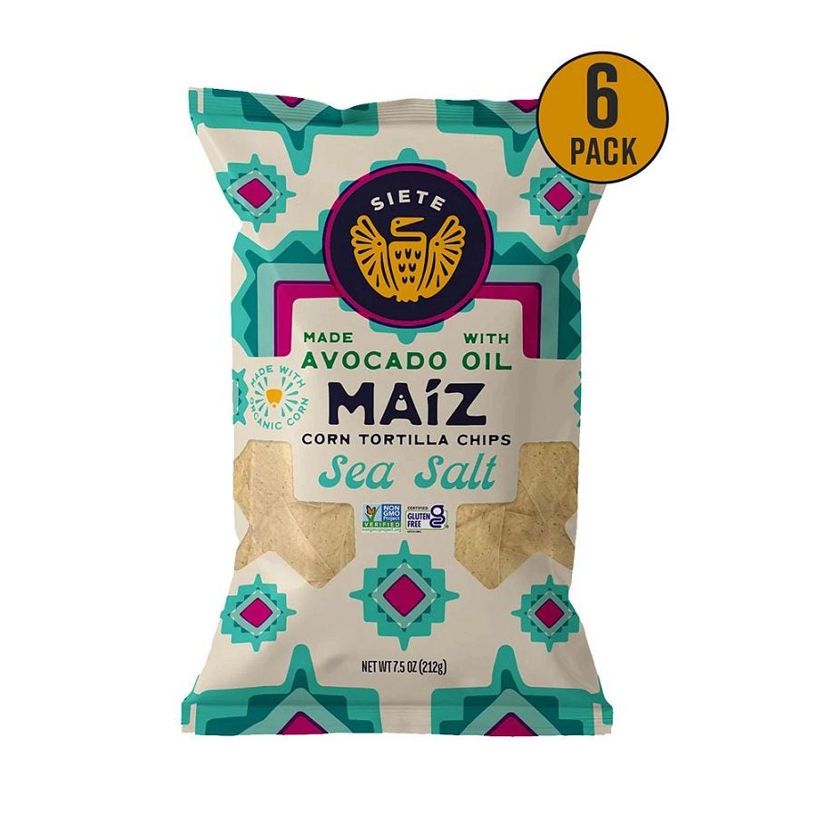 Siete Sea Salt White Yellow Corn Avocado Oil Mazi Corn Tortilla Chips 6 (7.5 oz.) bags