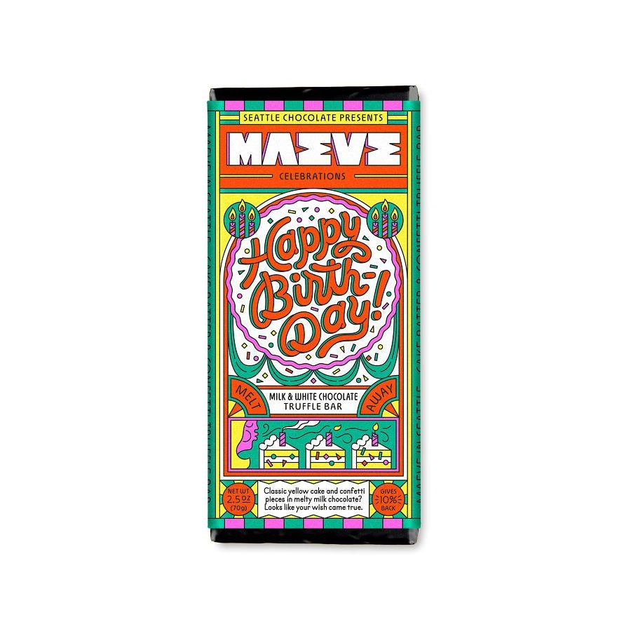 Maeve by Seattle Chocolate Happy Birthday Celebration Milk Chocolate Truffle Bar 2.5 oz.