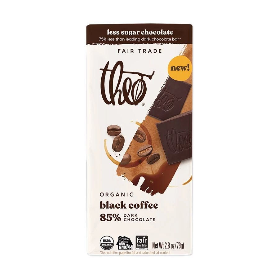 Theo Chocolate Black Coffee Less Sugar Dark Chocolate Bar 3 oz.