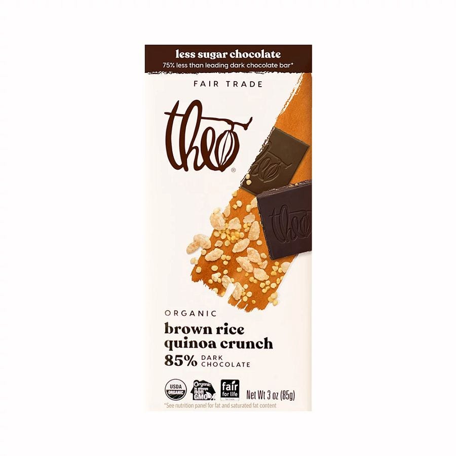 Theo Chocolate Brown Rice Quinoa Crunch Less Sugar Dark Chocolate Bar 3 oz.
