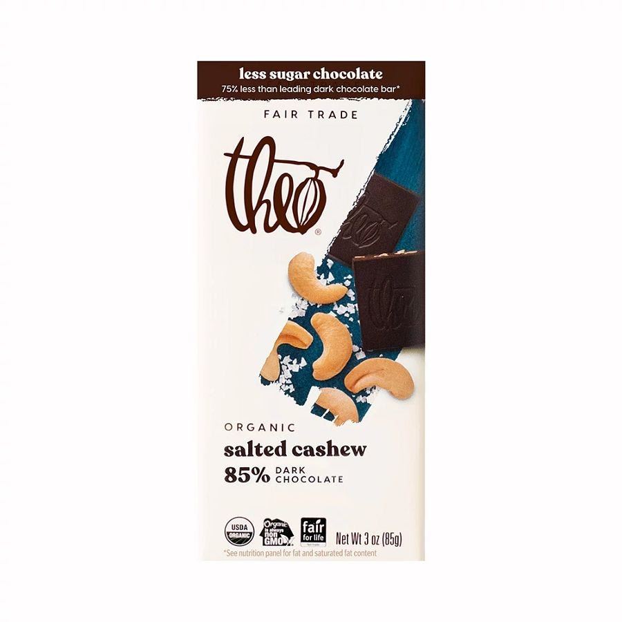 Theo Chocolate Salted Cashew Less Sugar Dark Chocolate Bar 3 oz.