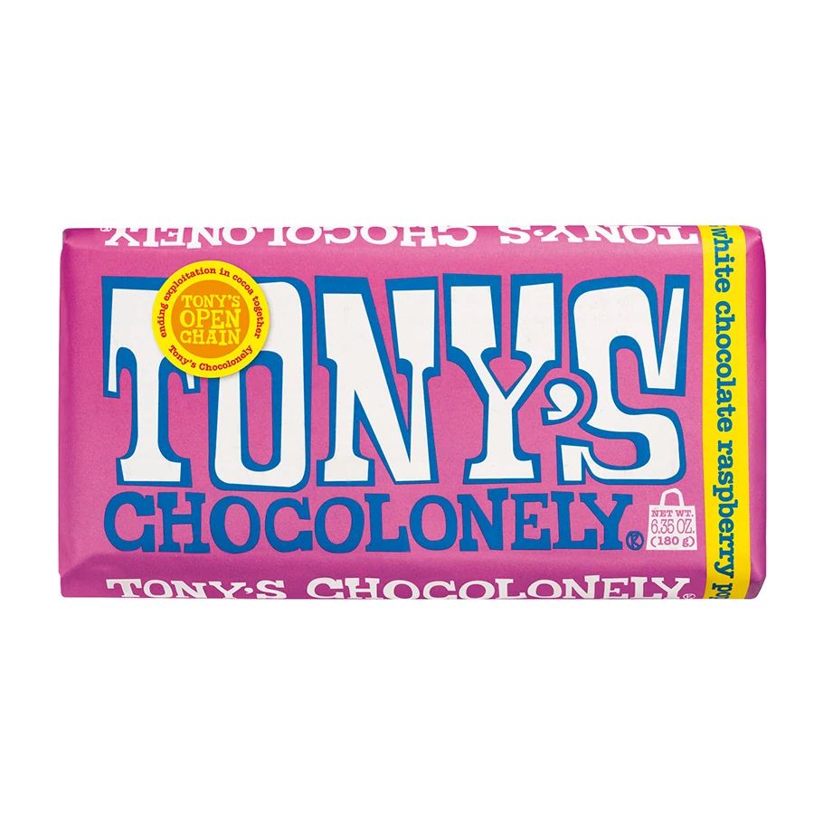 Tony's Chocolonely White Raspberry Popping Candy Chocolate Bar 6.35 oz.
