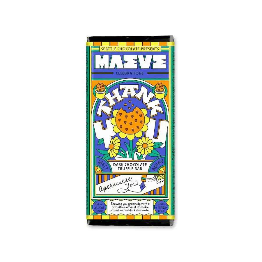 Maeve Thank You Celebration Dark Chocolate Truffle Bar 2.5 oz. Maeve Thank You Celebration Dark Chocolate Truffle Bar 2.5 oz.