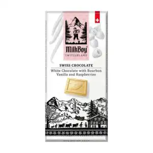 Milkboy White Chocolate with Bourbon Vanilla & Raspberries 3.5 oz. bar