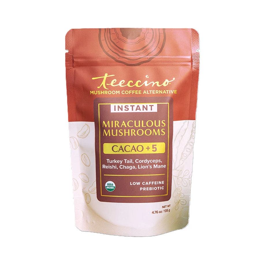 Teeccino Organic Miraculous Mushrooms Cacao + 5 Instant Herbal Coffee 4.76 oz.