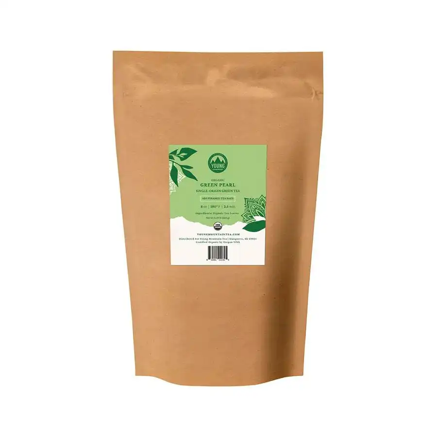 Young Mountain Tea Organic Green Pearls 100 pyramid tea bags in bag