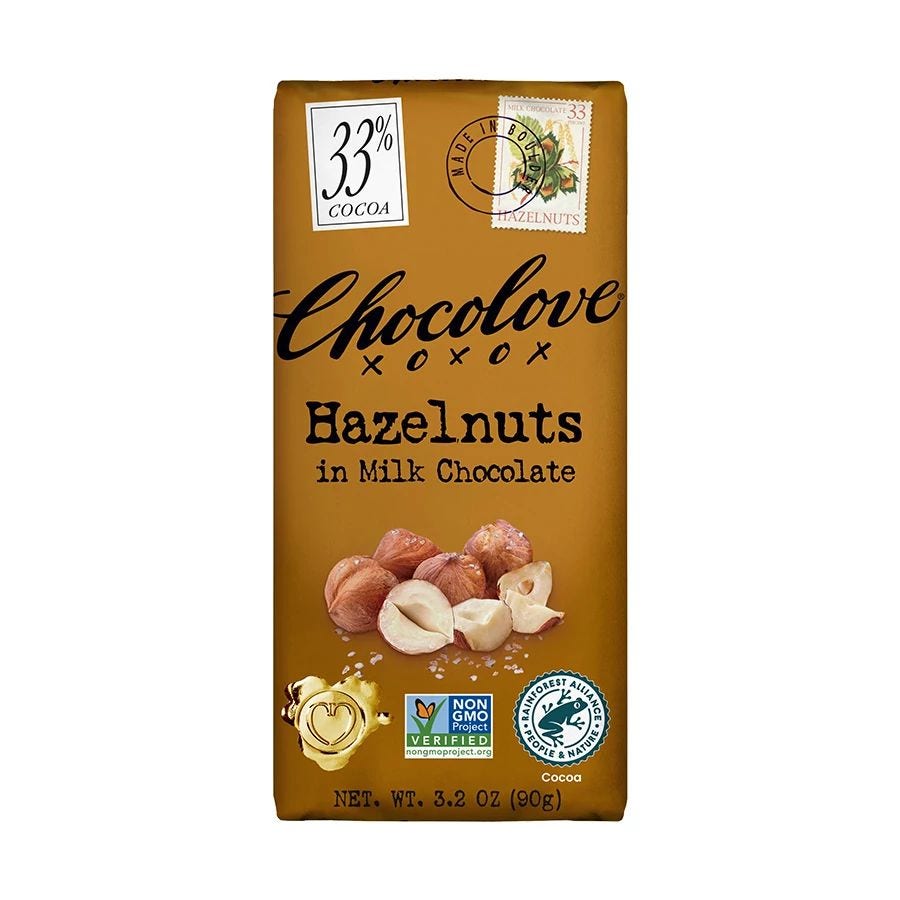 Chocolove Hazelnuts in Milk Chocolate Large Bar 3.2 oz. Chocolove Hazelnuts in Milk Chocolate Large Bar 3.2 oz.