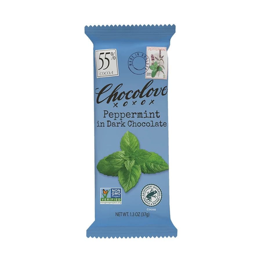 Chocolove Peppermint in Dark Chocolate Mini Bar 1.3 oz. Chocolove Peppermint in Dark Chocolate Mini Bar 1.3 oz.